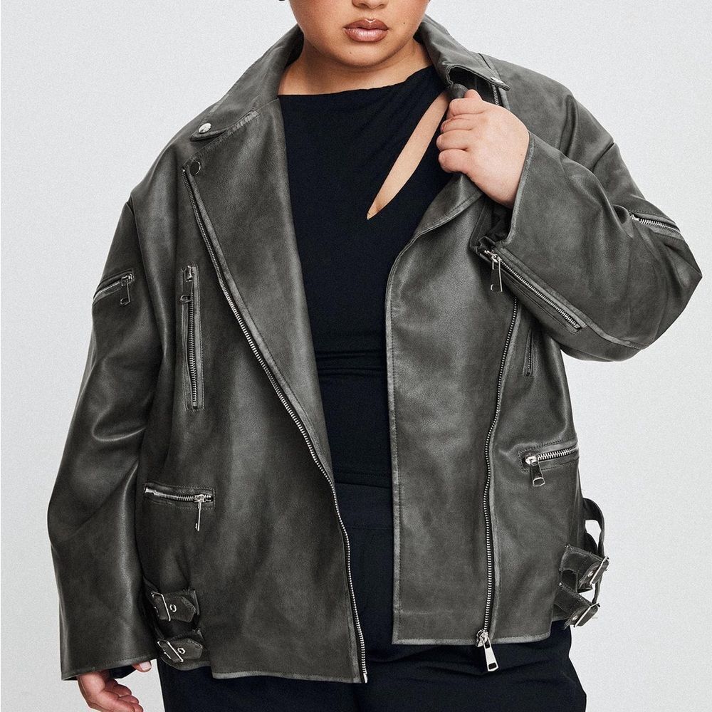 NWT! Princess Polly Curve Magnets Faux Leather Jacket Washed Charcoal Size US 14